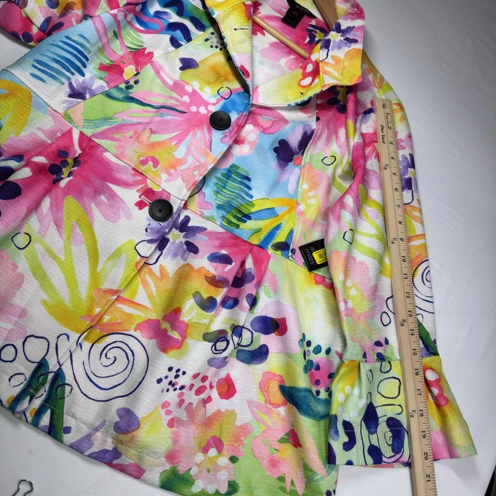NEW Ali Miles Watercolor Floral Bell Sleeve Jacket Sz L Colorful Lagenlook Artsy